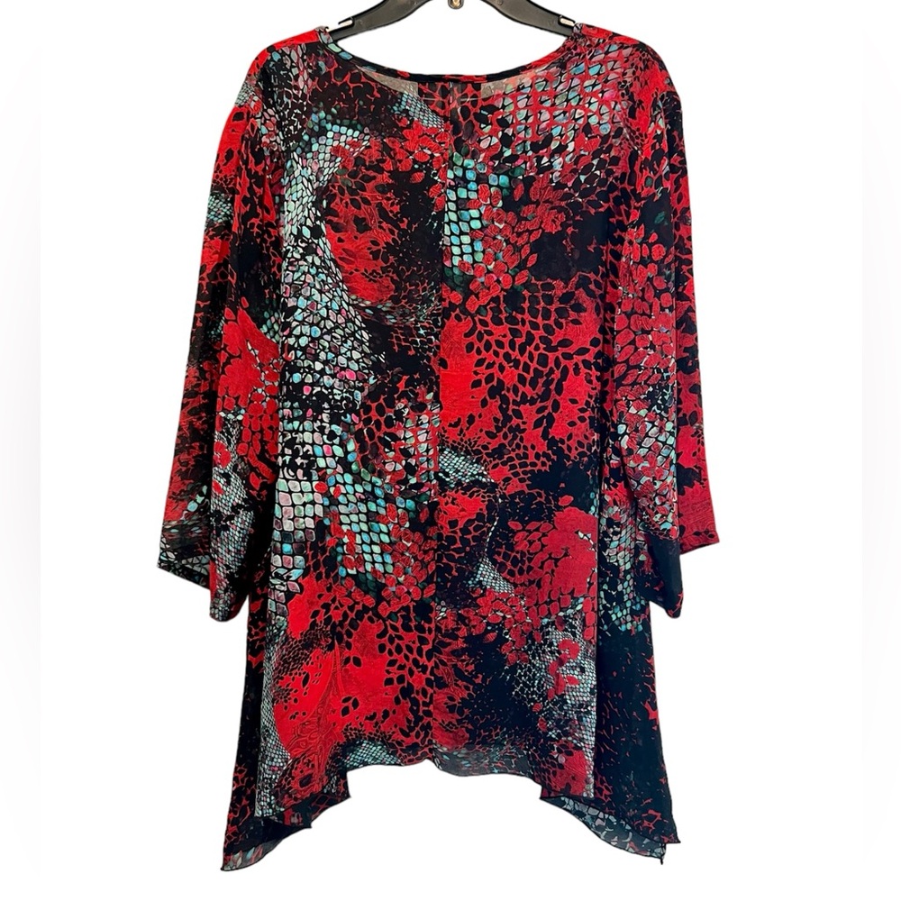 Carol Turner Semi Sheer Tunic Top Multicolor Snakeskin Print Shark Bite Hem L